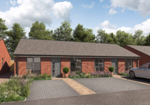 A pair of modern red-brick semi-detached bungalows with grey front doors, large windows, and small front gardens with flowers and shrubs. Each has a driveway with space for parking.